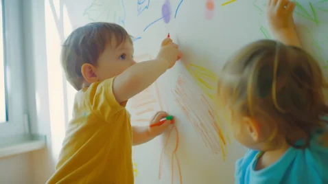 Très jeunes enfants qui écrivent sur un tableau