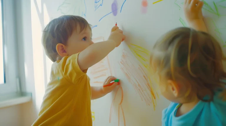 Très jeunes enfants qui écrivent sur un tableau